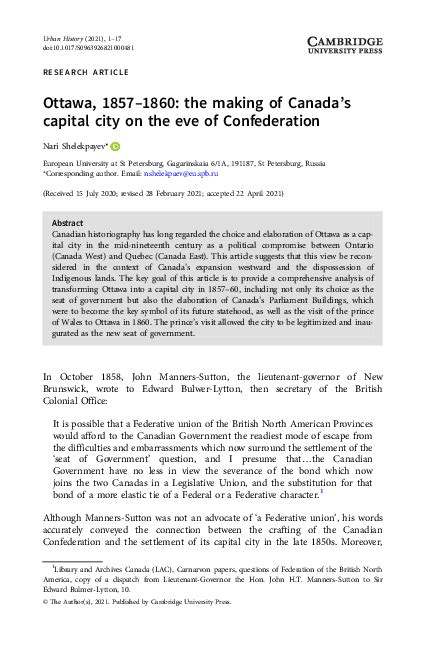 Ottawa, 1857–1860: the making of Canada's capital city on the .